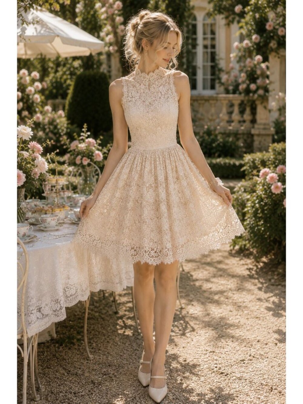 Sleeveless Lace Fit & Flare Dress With High Neckline Beige with back keyhole Med